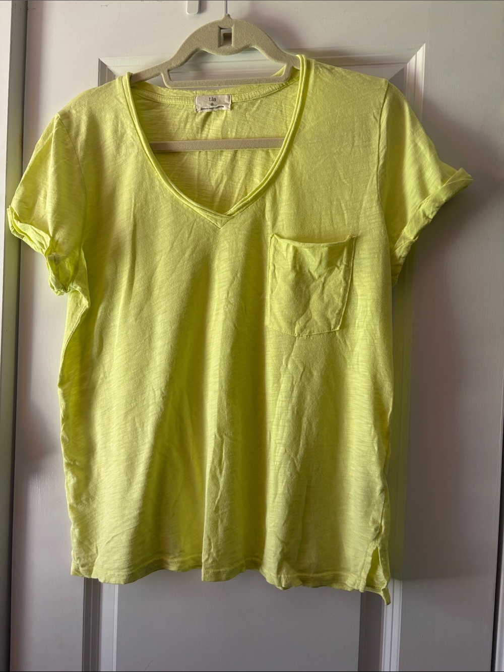 T.La Women's V-Neck Pocket Tee - Neon Lime